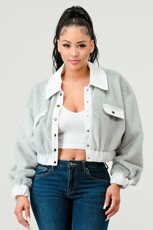 ATHINA CASUAL DENIM CONTRAST FUR CROP JACKET