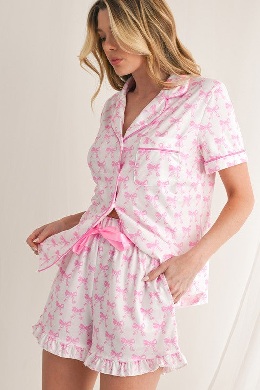 Bowknot Shirt and Ruffle Hem Shorts Pajama Set